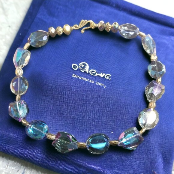 Cobalt Blue Statement Necklace & Bracelet Iridescent Faceted Glass Bead Jewelry - Picture 3 of 9